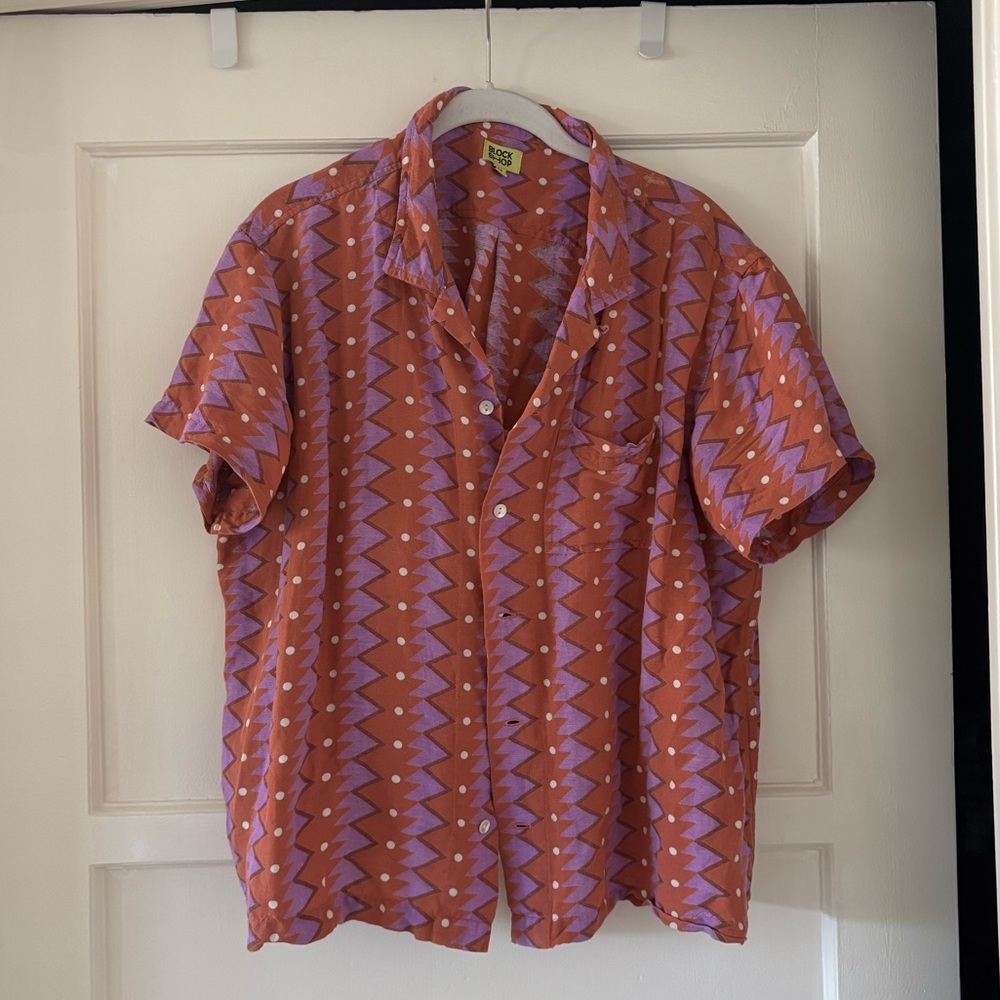 Block shop textiles Sunday shirt linen top pink purple hibiscus M medium